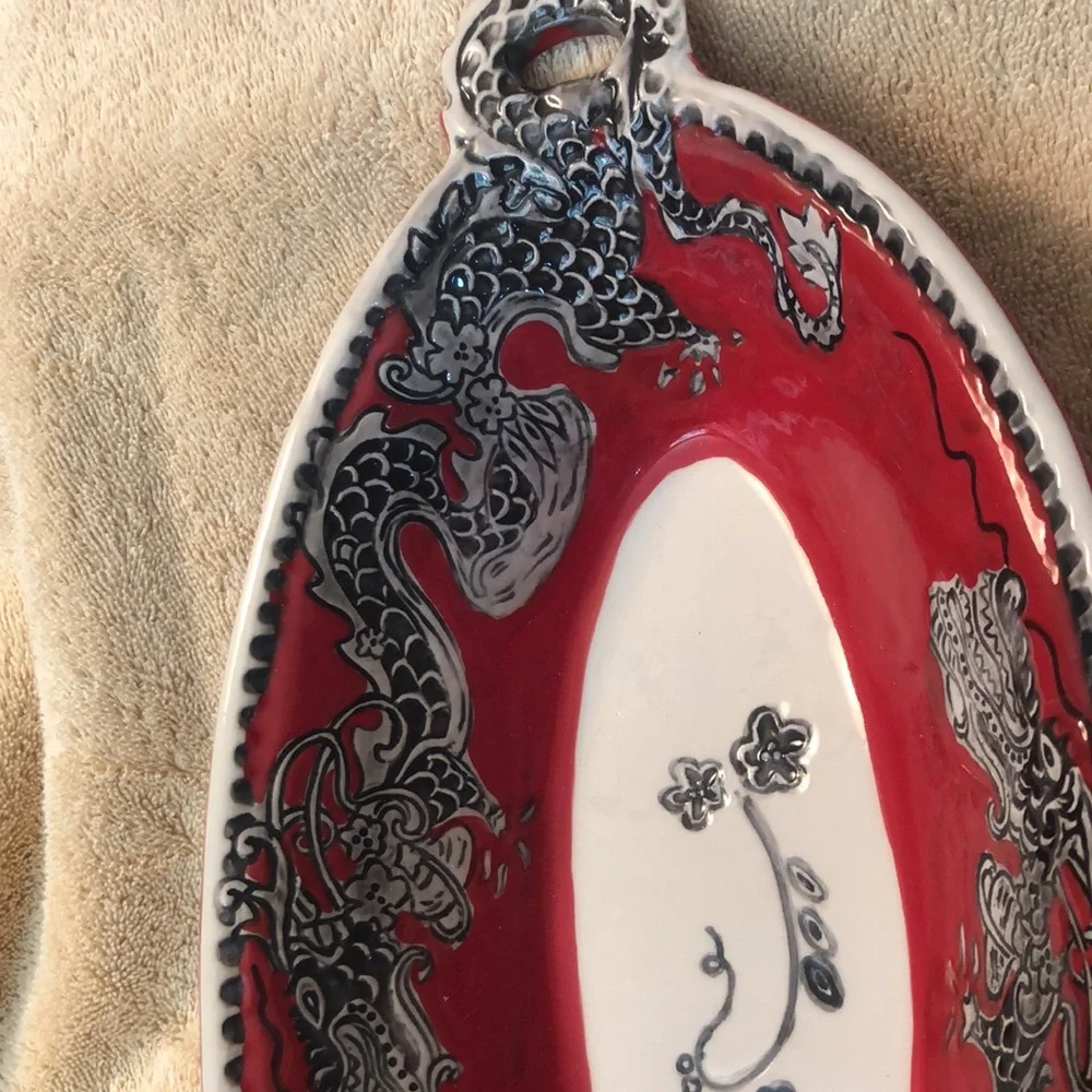 Blue Sky Clayworks Heather Goldminc 2012 Red Dragon Serving Dish 14”x7”